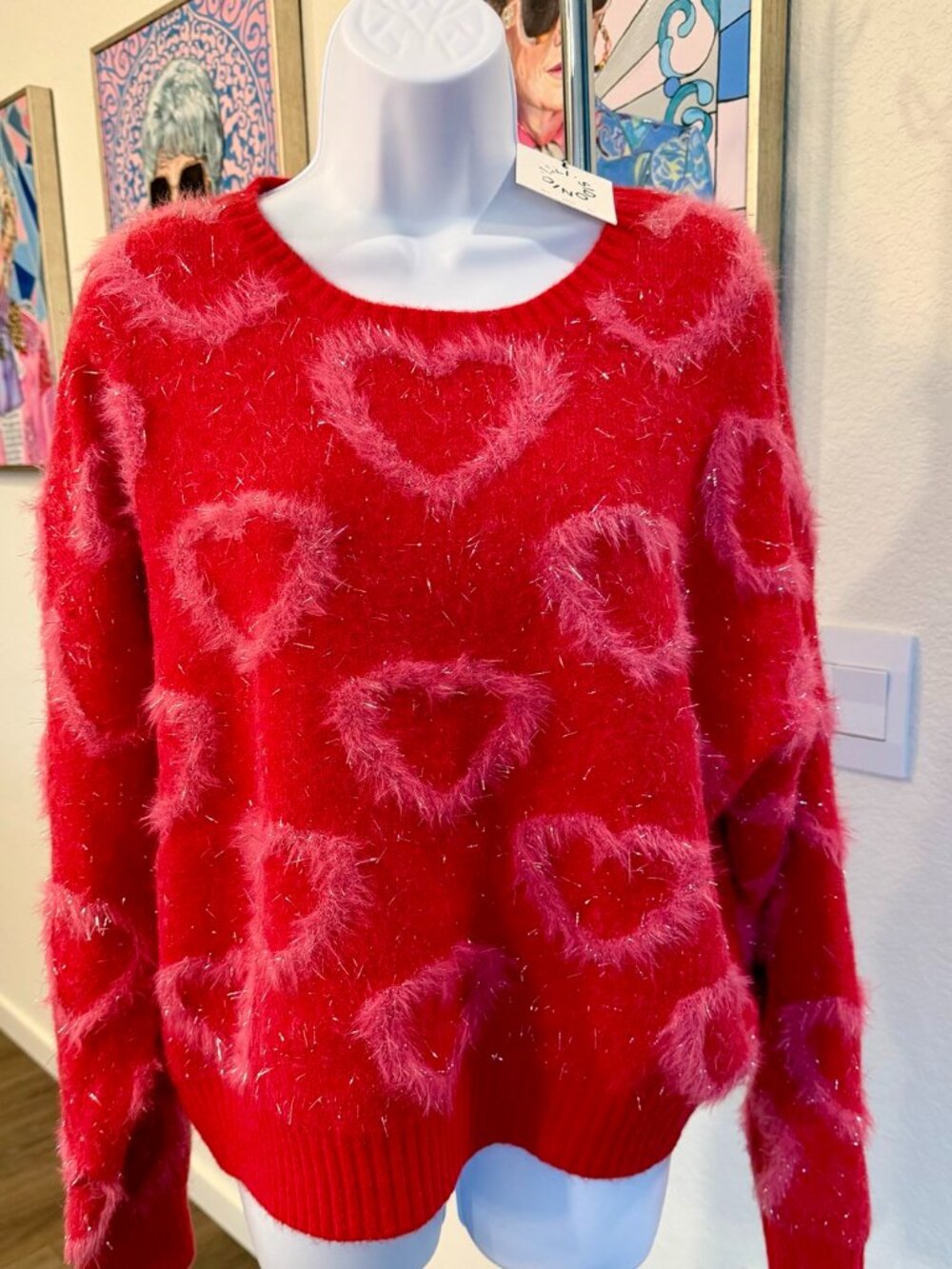 NWT Lili Sidonio Sweet Love Fuzzy Heart Sweater XL Red Sparkle Valentine